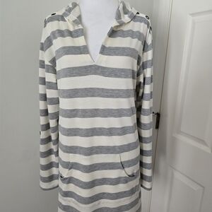 Akini V Neck Long Sleeve Gray/Cream Hooded Beach Cover Up Sz. (Med).